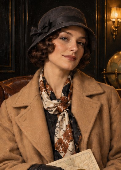 Astrid, in a cloche hat and camel travelling coat, holding a compass