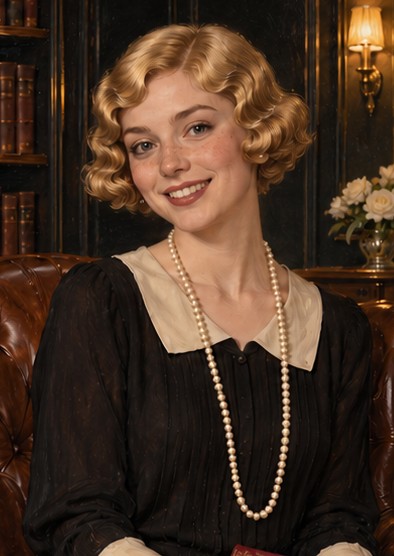 Gemma, a young woman with golden finger waves and long pearls
